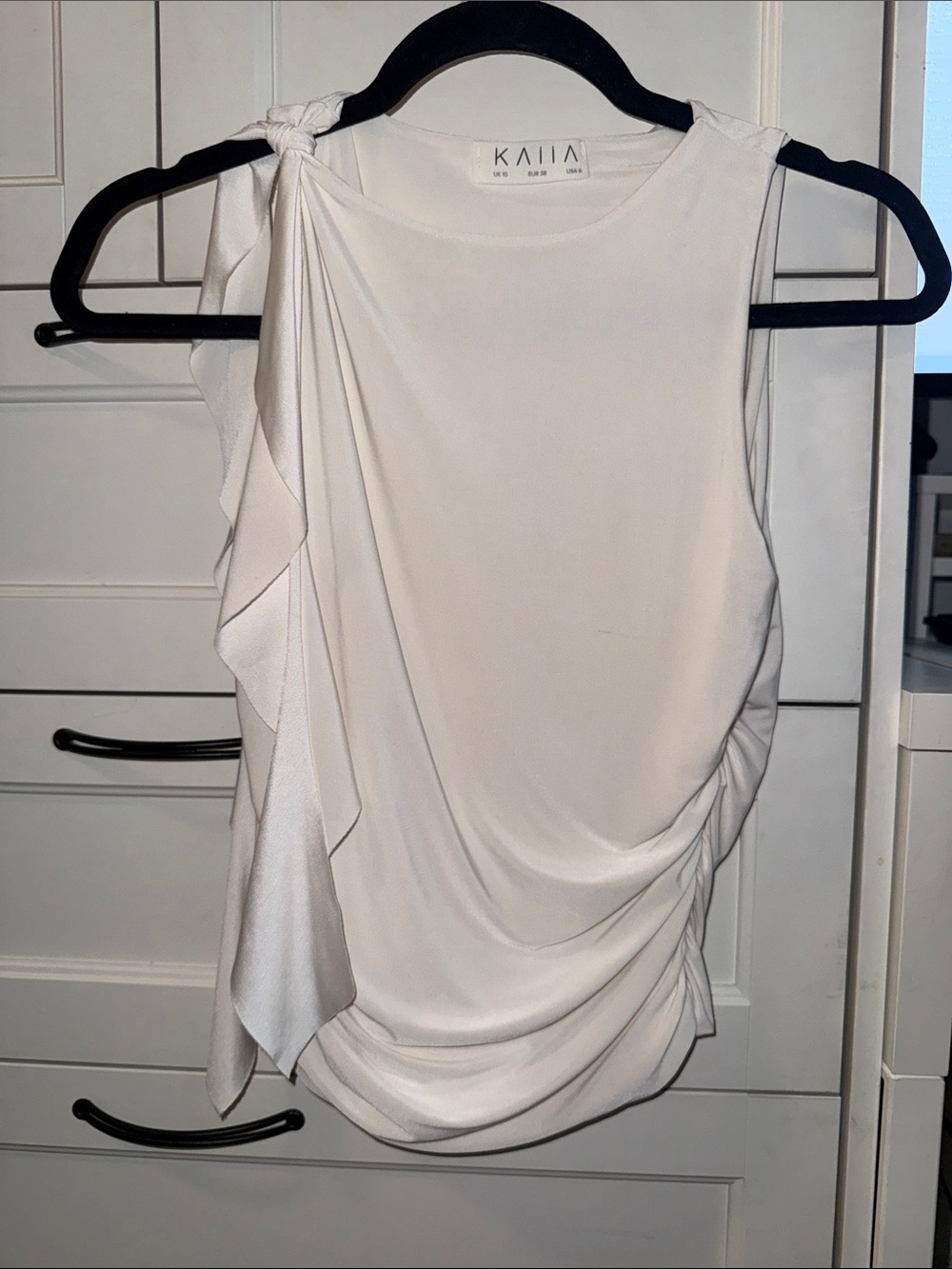 Kaila White Sleeveless Draped Knot-Shoulder Top